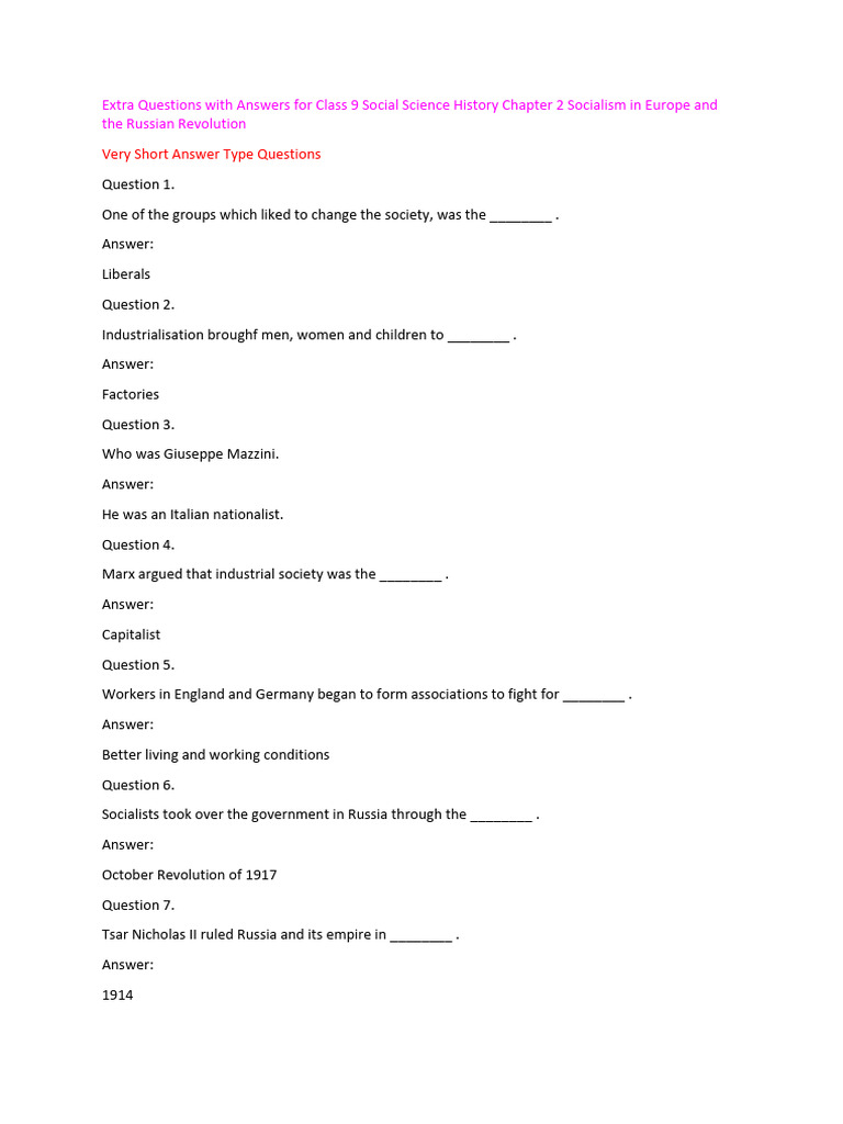 Class 9 Social Science: Russian Revolution Q&A | PDF | Russian ...