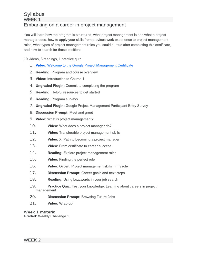 Google Project Management Syllabus Week 1 To Week 4 | PDF | Project ...
