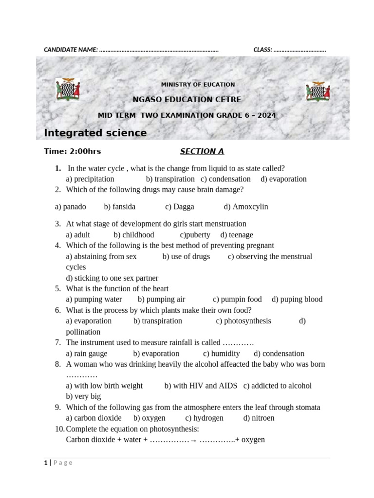 Grade 6 Integrated Science Exam 2024 | PDF | Photosynthesis | Earth ...