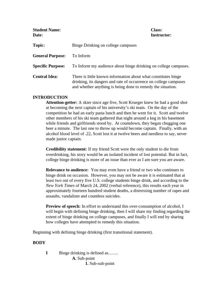 Sample Informative Speech Outline Pdf