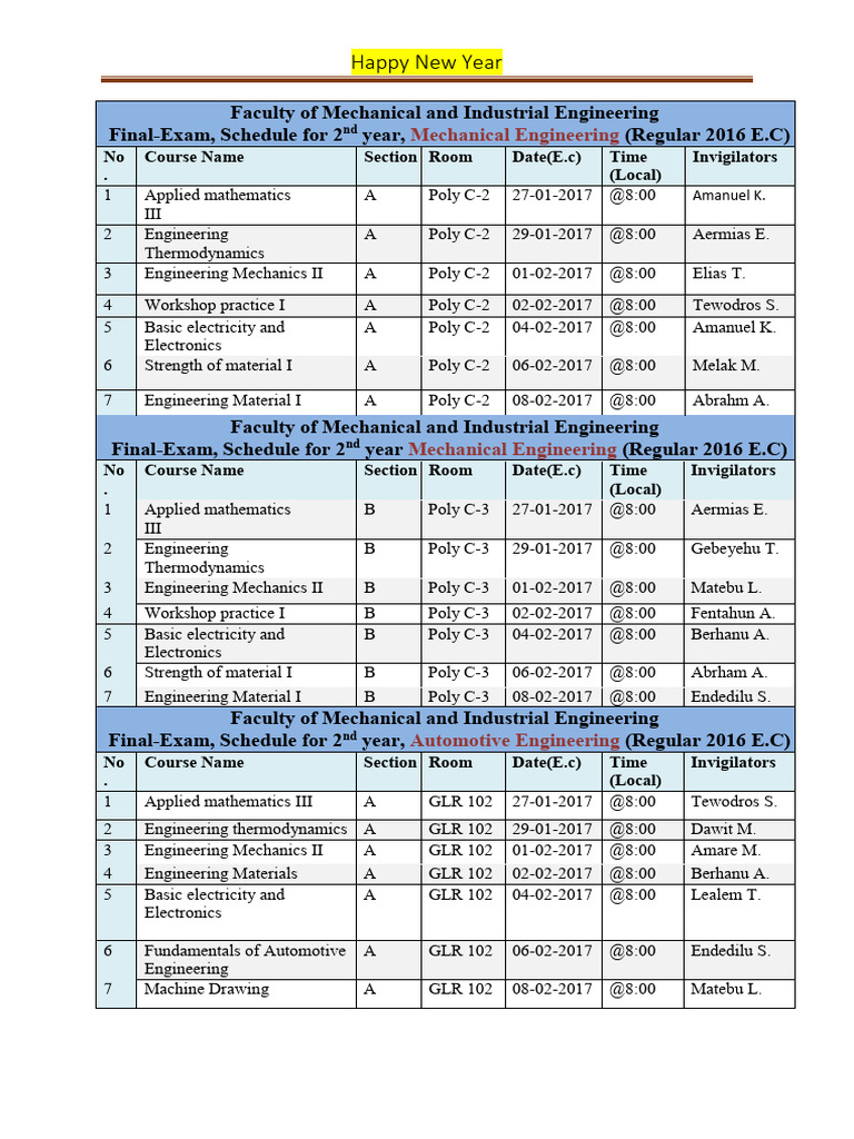 2nd Year Engineering Final Exam Schedule | PDF | Engineering | Applied ...
