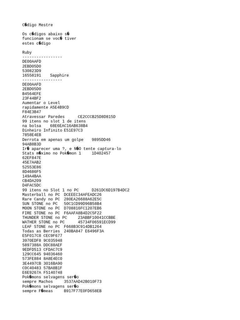 Cheats No Pokémon Ruby | PDF | Pokémon