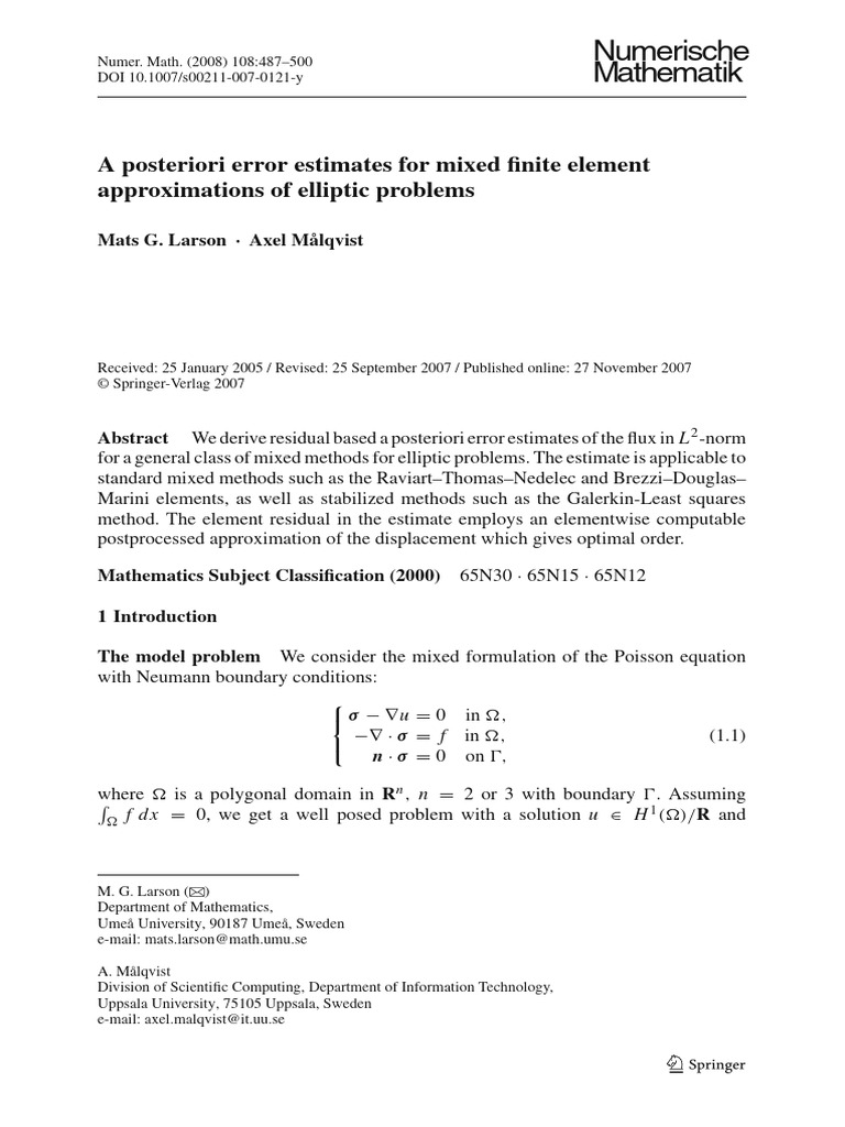 A Posteriori Error Estimates in Mixed Finite Elements | PDF | Finite ...