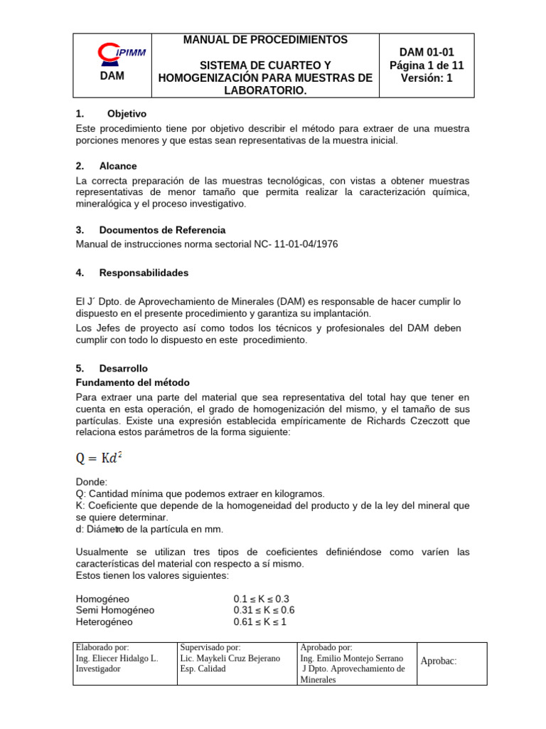 HOMOGENIZACIÓN Y CUARTEO PARA MUESTRAS DE LABORATORIO DAM 01- 01 | PDF ...