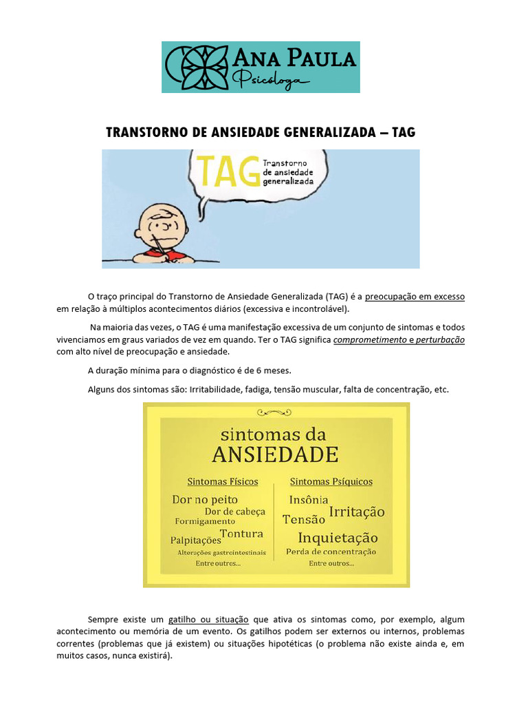 Sintomas e Tratamento do TAG | PDF | Ansiedade | Pensamento