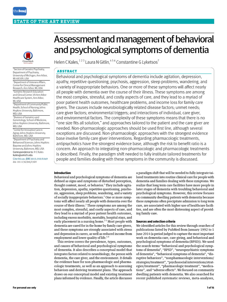 Assessment And Management Of Behavioral And Psychological Symptoms Of