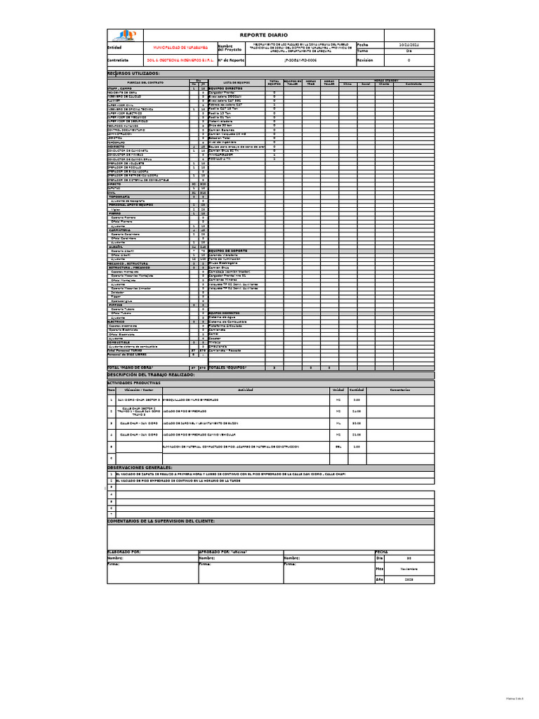 Reporte Diario de Construcción en Yarabamba | PDF | Ingeniería | Vehículos