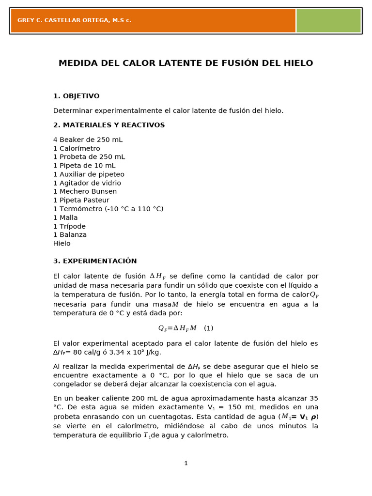 Medida Del Calor Latente de Fusión Del Hielo | PDF | Calor | Capacidad ...