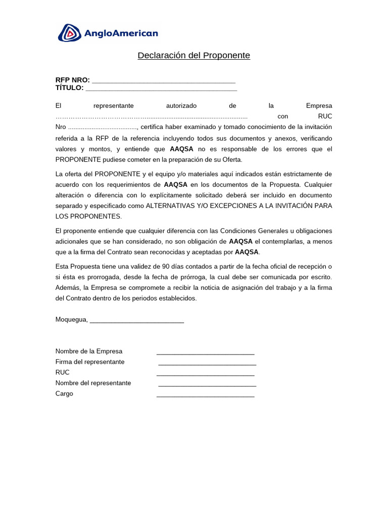 3.2 Declar de Proponente | PDF | Negocios | Finanzas y dinero