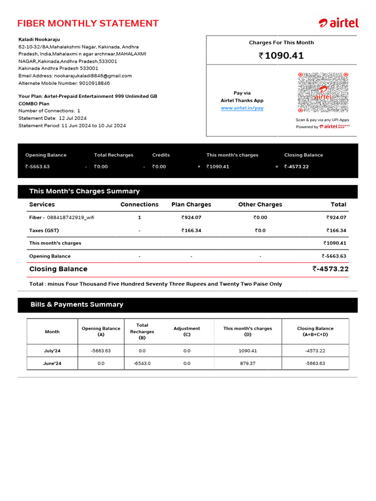 Fiber Monthly Statement: This Month's Charges Summary | PDF | Payments ...