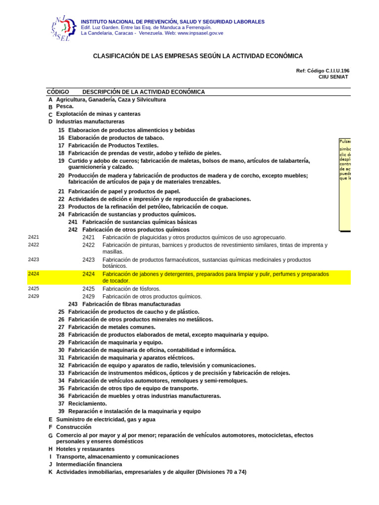 Codigo Industrial Internacional de Actividades Economicas CIIU INPSASEL