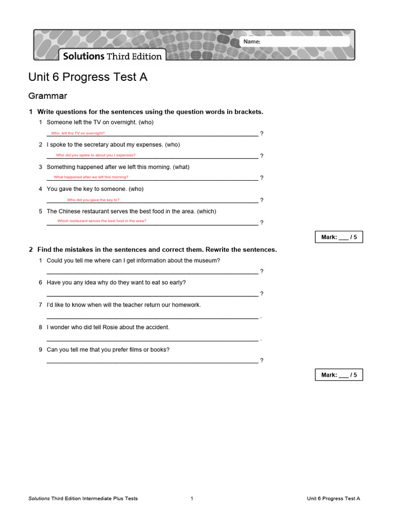 Unit 6 Progress Test A: Grammar & Vocabulary | PDF