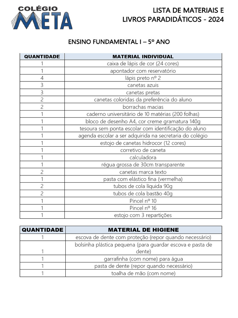 Materiais e Livros 5º Ano 2024 | PDF