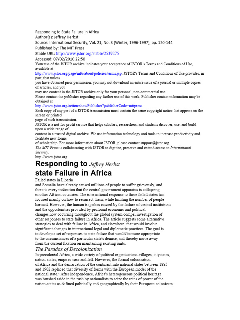 Herbst - Responding To State Failure in Africa | PDF | Failed State | Aids