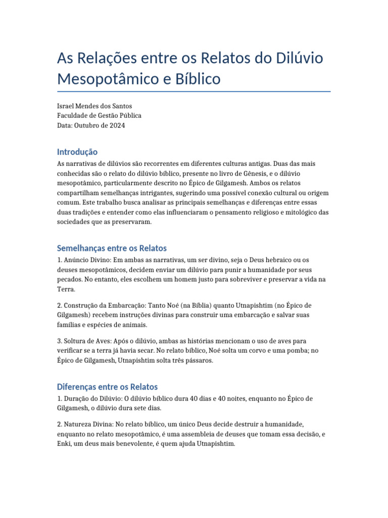 Semelhanças e Diferenças do Dilúvio | PDF | Mito do Dilúvio | Bíblia