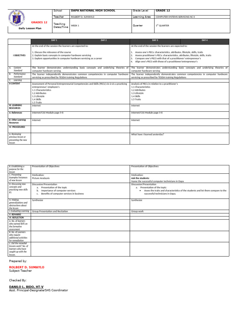Grade 12 Computer Systems Lesson Plan | PDF | Learning | Entrepreneurship