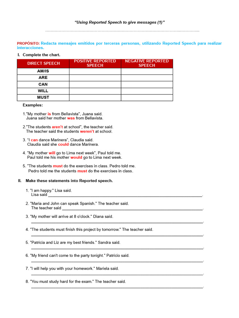 Reported Speech Activity for Grade 5 | PDF | Language Arts & Discipline ...