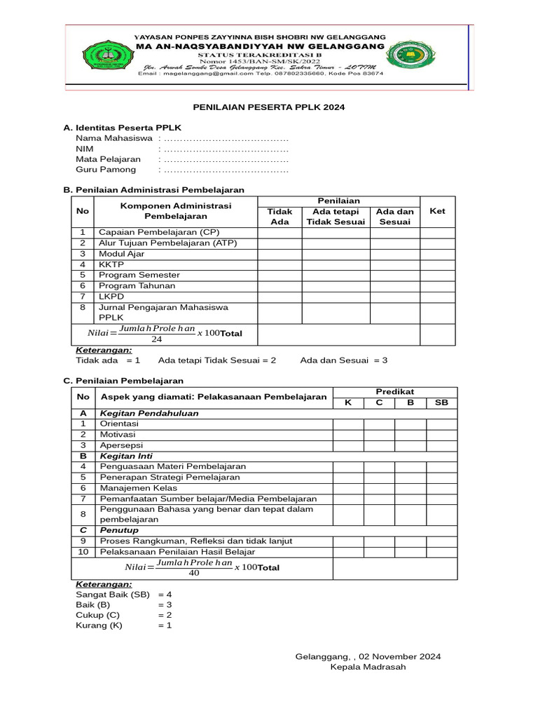 Form Penilaian Peserta PPLK 2024 | PDF