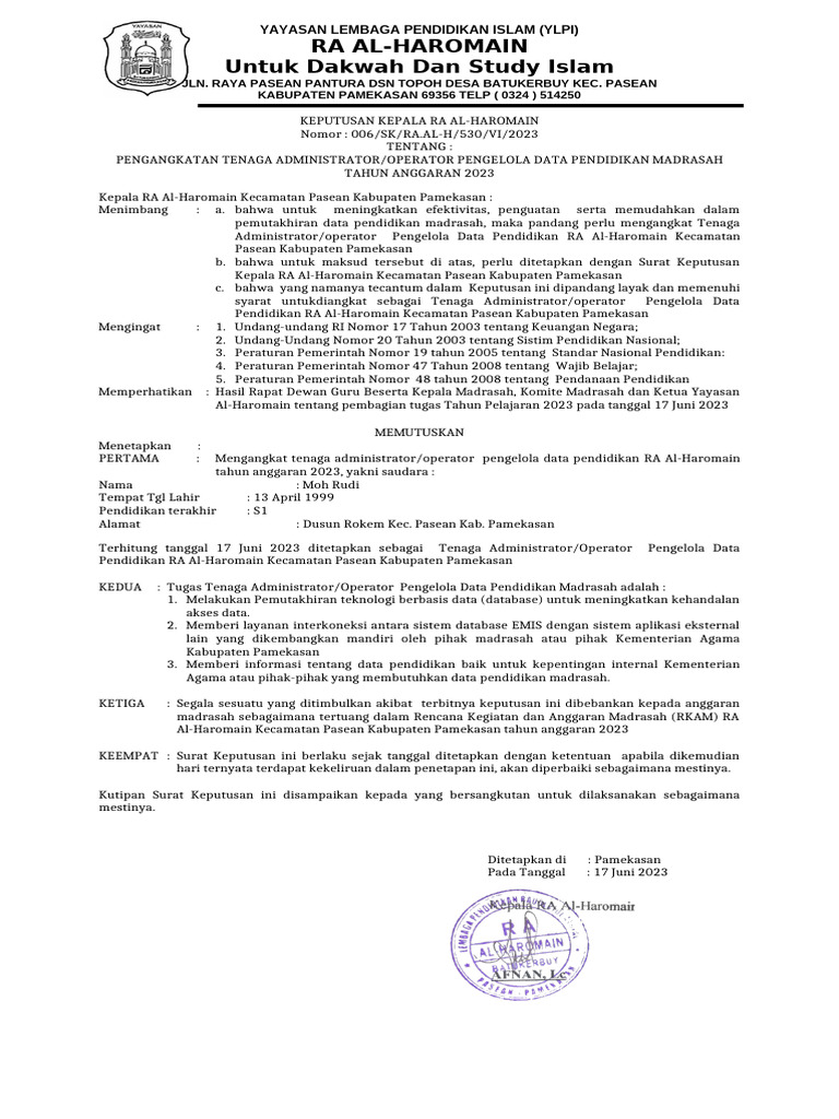 Contoh Sk Operator Ra1 Pdf