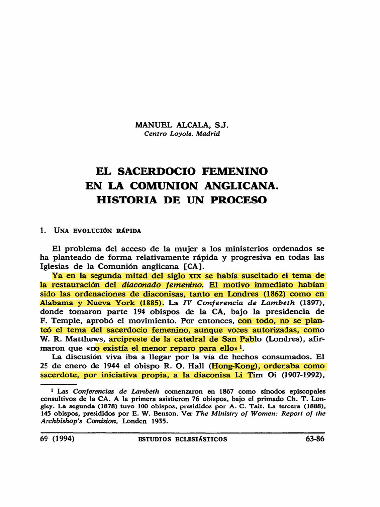 El Sacerdocio Femenino en La Comunión Anglicana, Manuel Alcalá | PDF ...