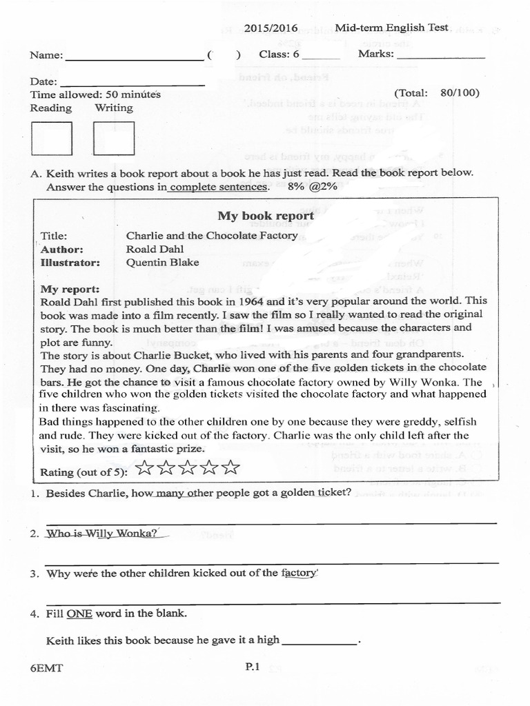 中華基督教會元朗真光小學 P6 英文 1516 上 Mid Term Test+答案 | PDF