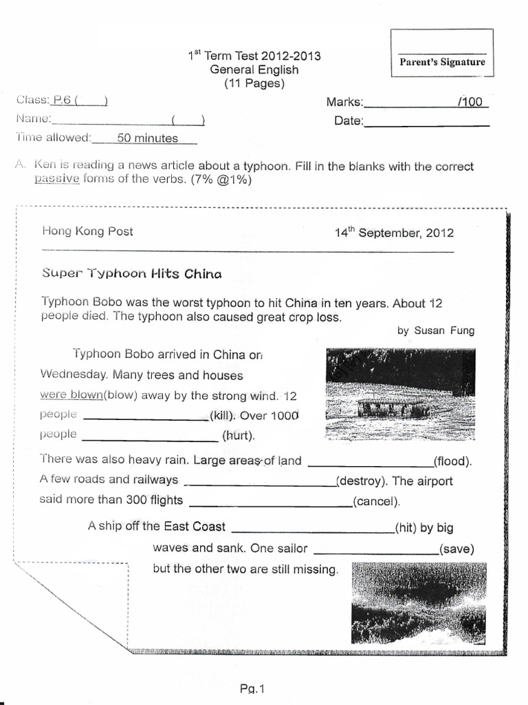 天水圍官立小學 P6 英文 1213上 Test+答案 | PDF