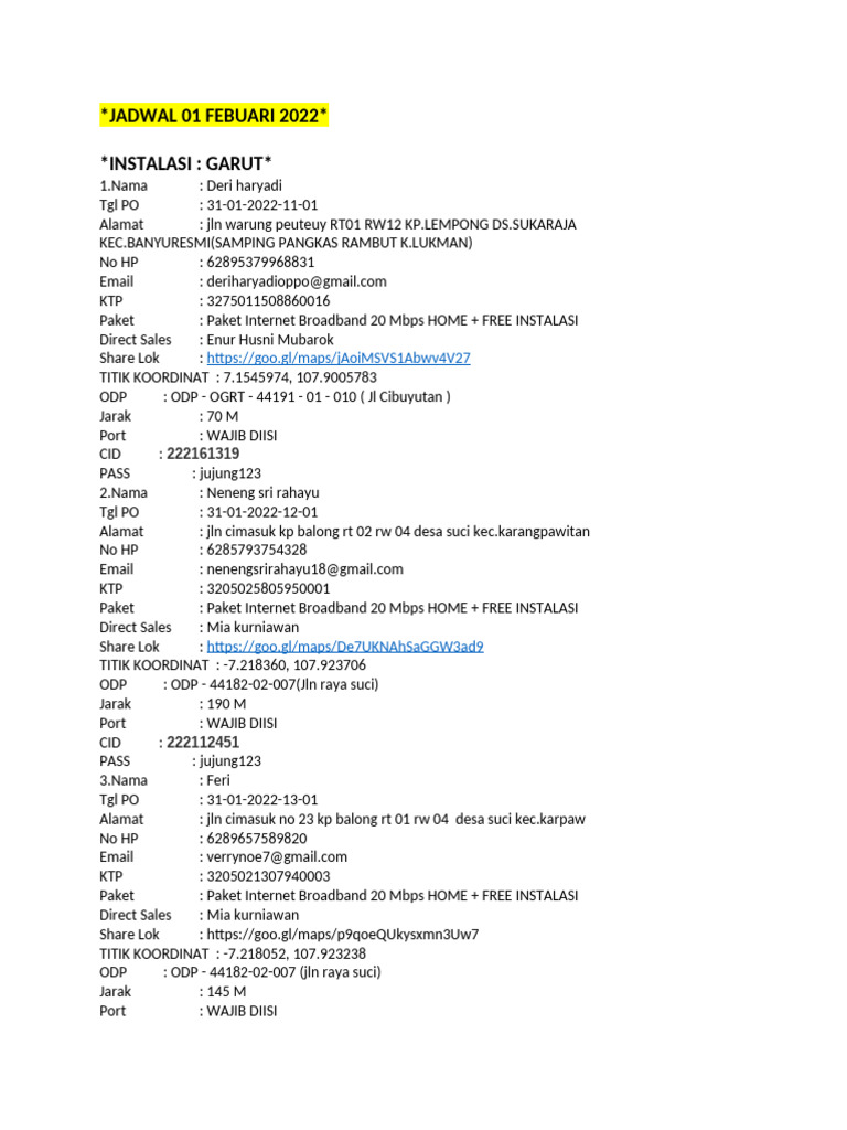 Jadwal Instalasi Internet Garut-Tasikmalaya | PDF