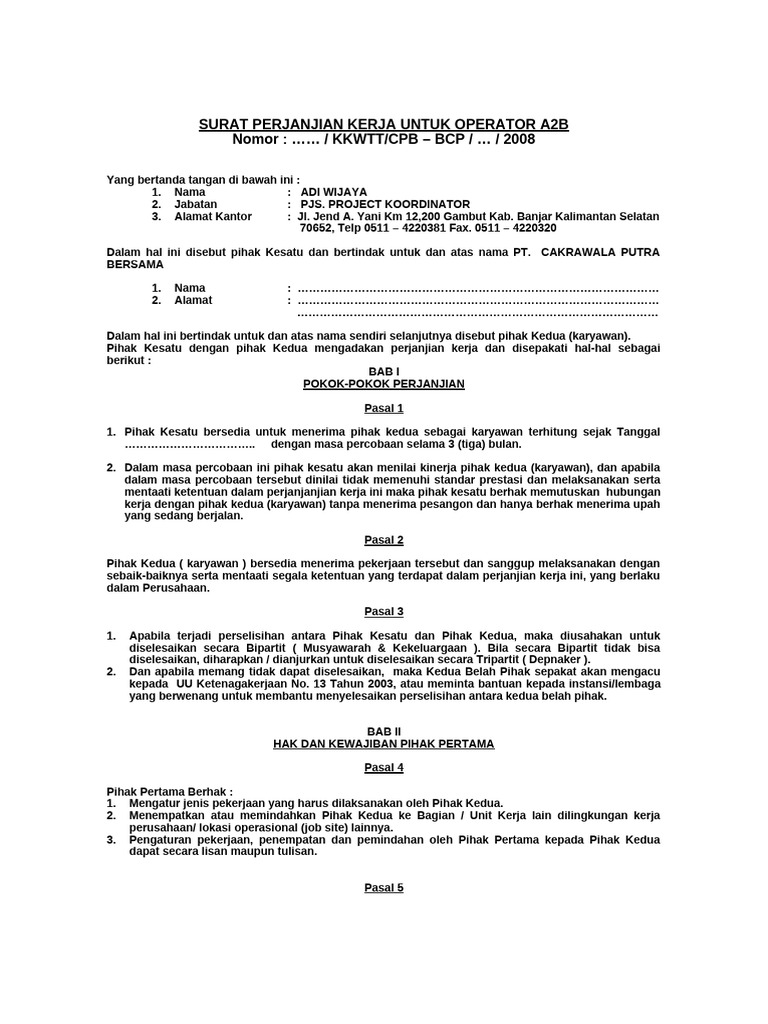 Perjanjian Kerja Operator A2B 2008 | PDF | Pengelolaan Keuangan & Uang