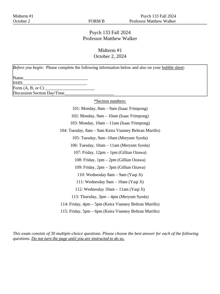 Midterm1 2024 MAIN FormB | PDF | Sleep | Rapid Eye Movement Sleep