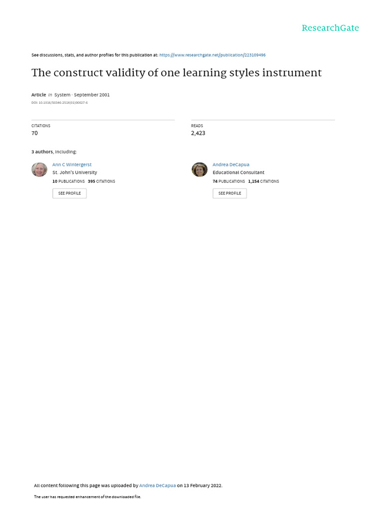The Construct Validity of One Learning Styles Instrument: System ...