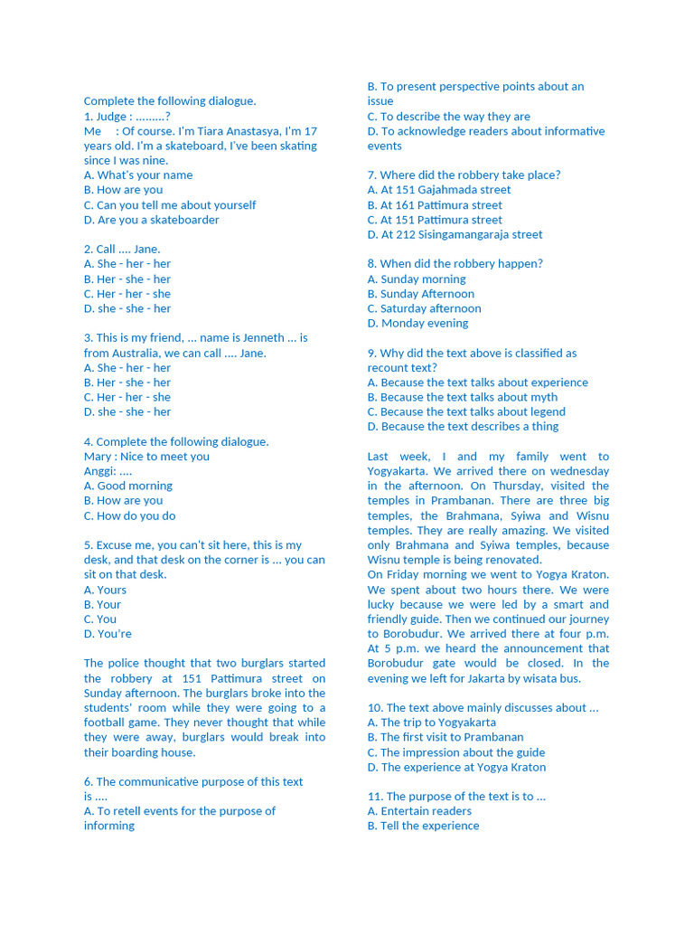 Dialogue Completion and Recount Text Exercises | PDF