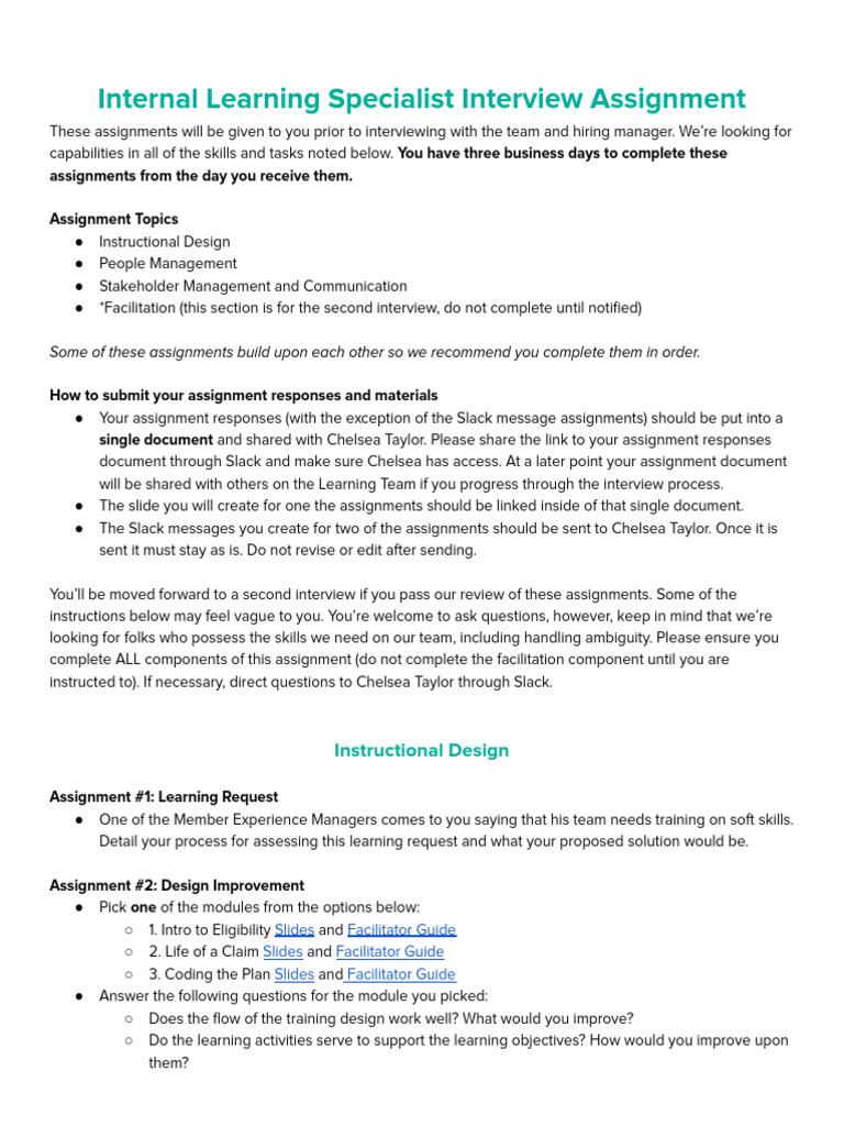 Internal Learning Specialist Interview Assignment | PDF | Learning ...