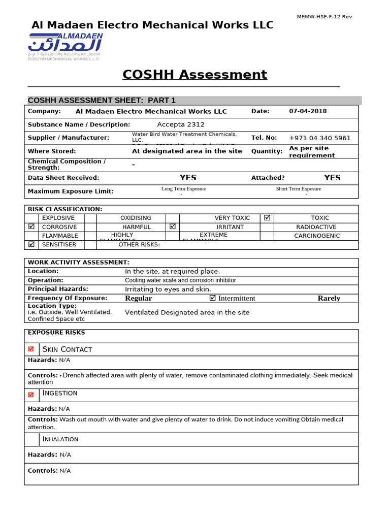 COSHH Assessment for Accepta 2312 | PDF | Hazards | Personal Protective ...