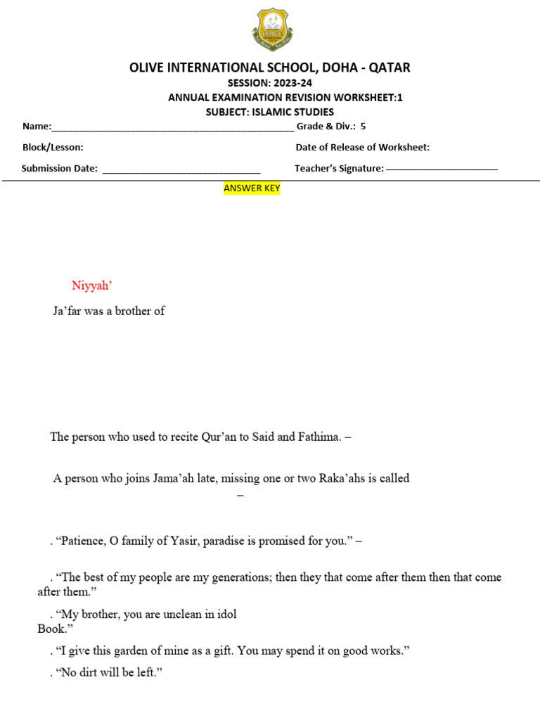 Islamic Studies Revision Worksheet 5 | PDF | Muhammad | Umar