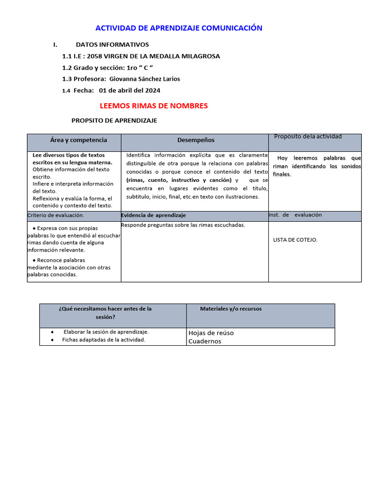 Com. 1RA SESION | PDF | Aprendizaje | Lingüística