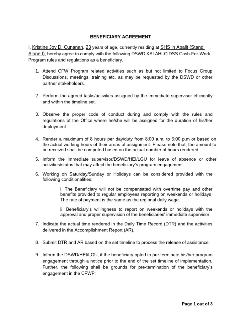 DSWD Beneficiary Agreement for CFWP | PDF | Overtime | Labor Relations