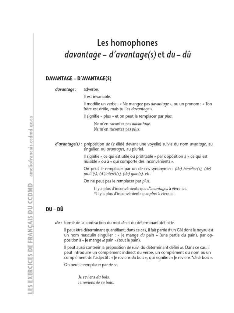 Homophones : Davantage et Dû en Français | PDF | Genre grammatical ...