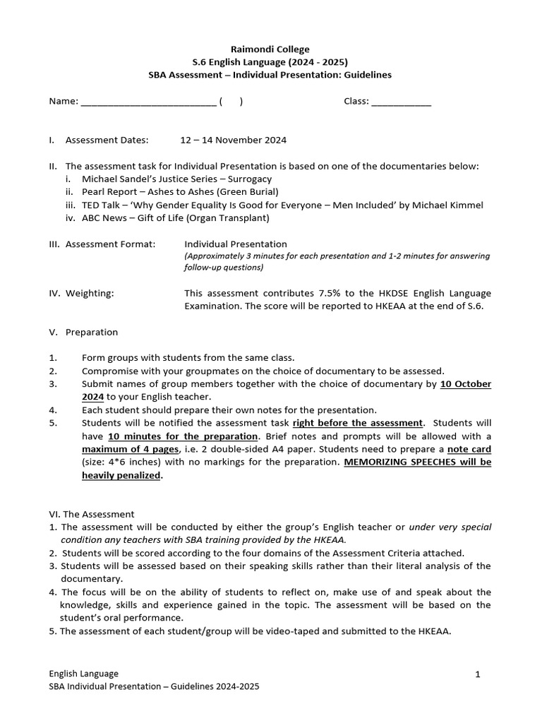 2024-25 - SBA Part A - Guidelines and Reply Slip | PDF | Human ...