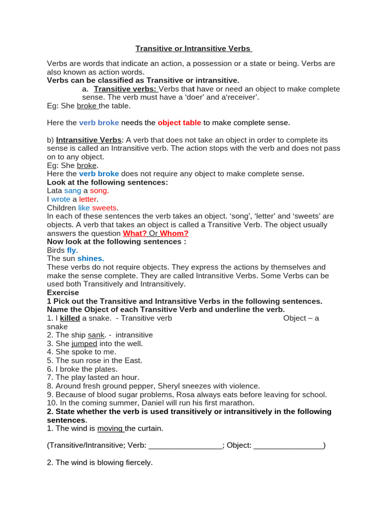 Transitive and Intransitive Verbs Guide | PDF | Verb | Object (Grammar)