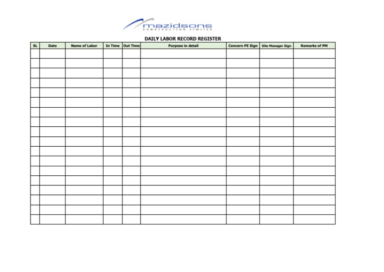 Daily Labor Record Register | PDF