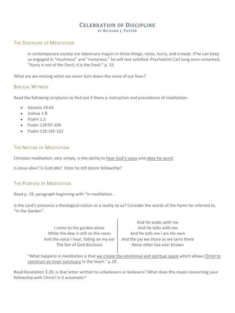 Celebration of Discipline Overview | PDF | Christian Meditation ...