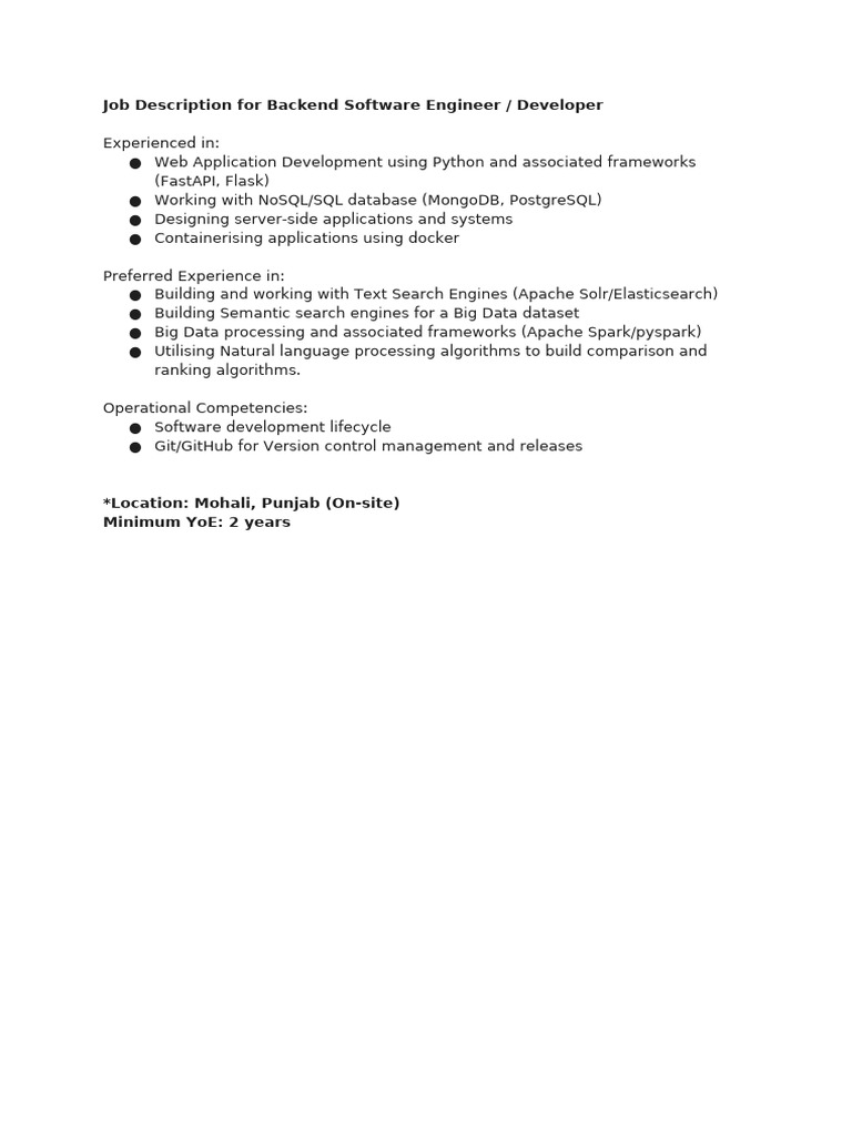 Backend Software Engineer Skill Requirements | PDF