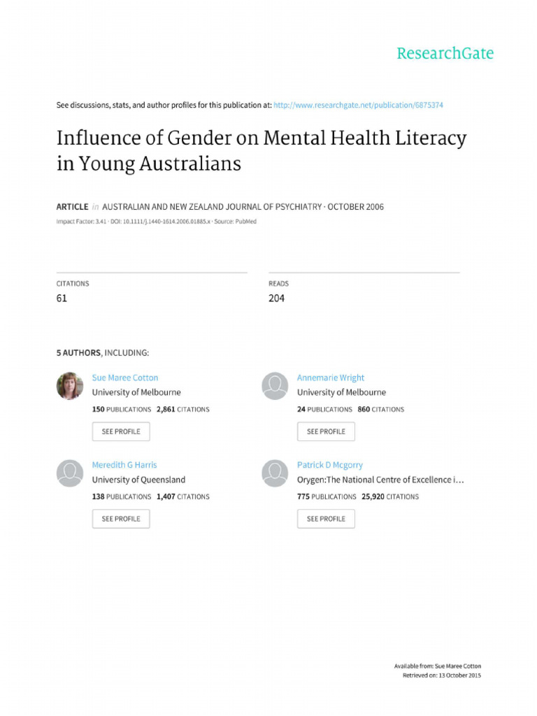 Influence of Gender On Mental Health Literacy in Young Australians | PDF