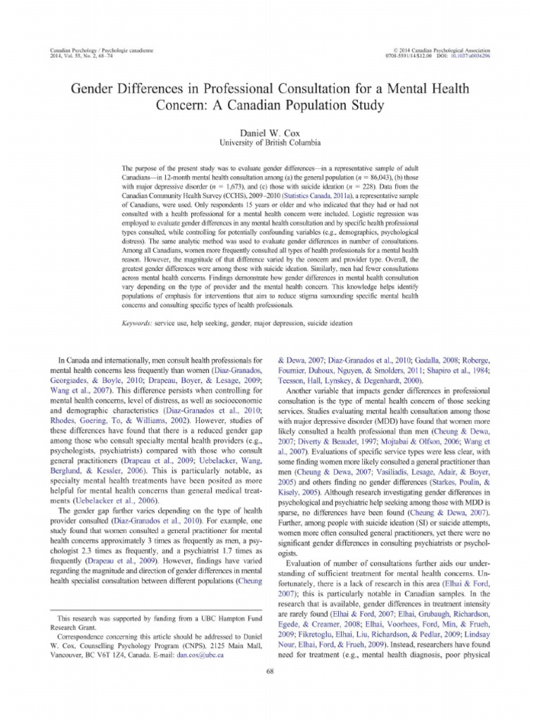 Gender Differences in Professional Consultation For A Mental Health ...