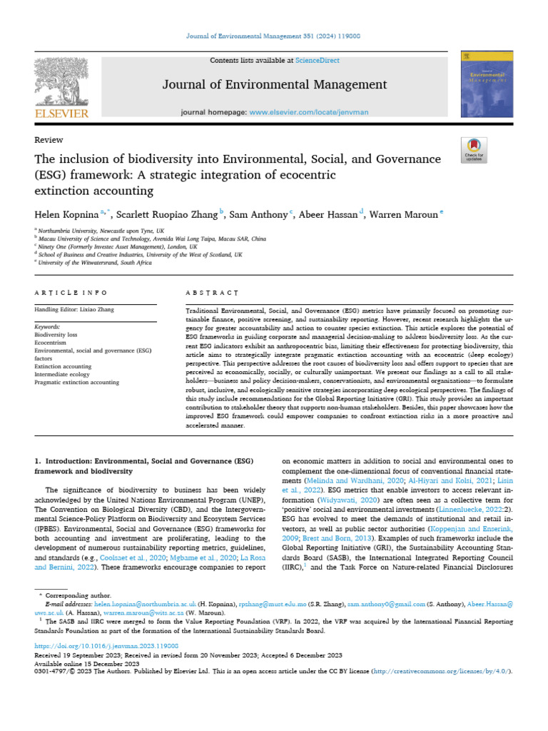 The Inclusion of Biodiversity Into Environmental, Social, and ...