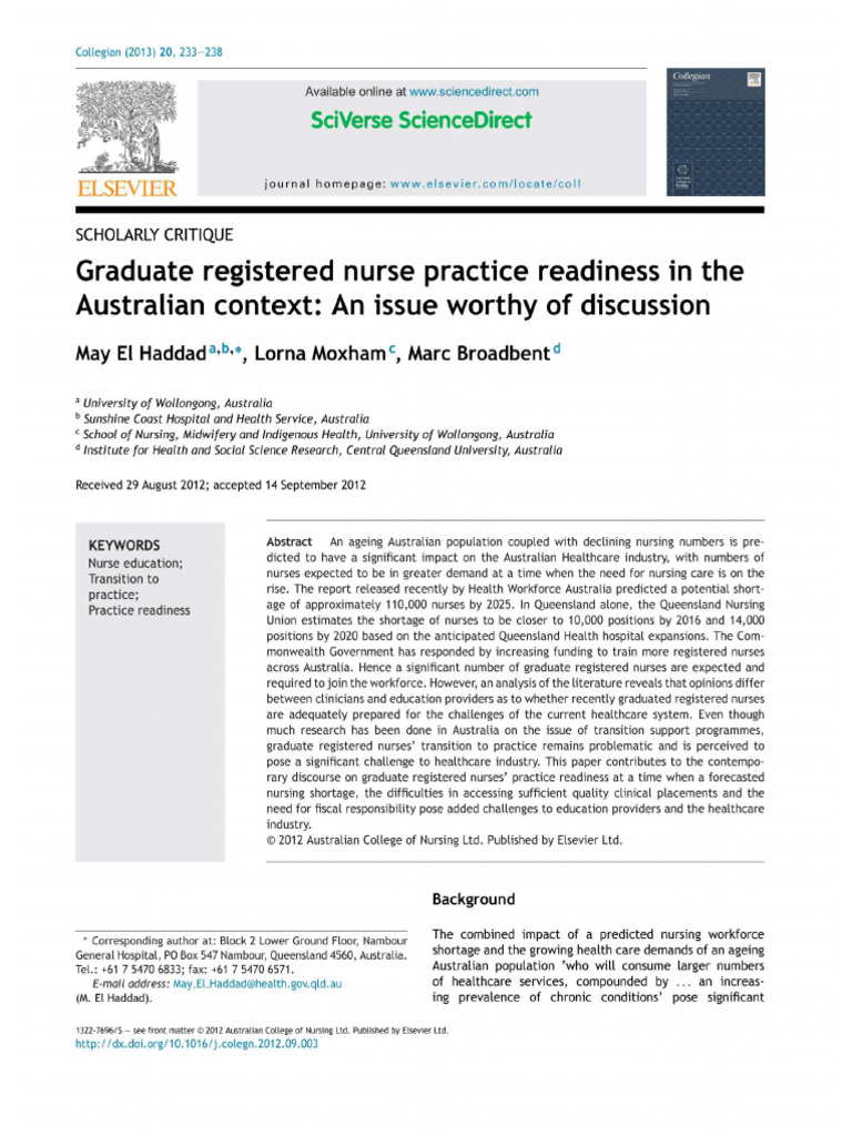 Graduate Registered Nurse Practice Readiness in The Australian Context ...