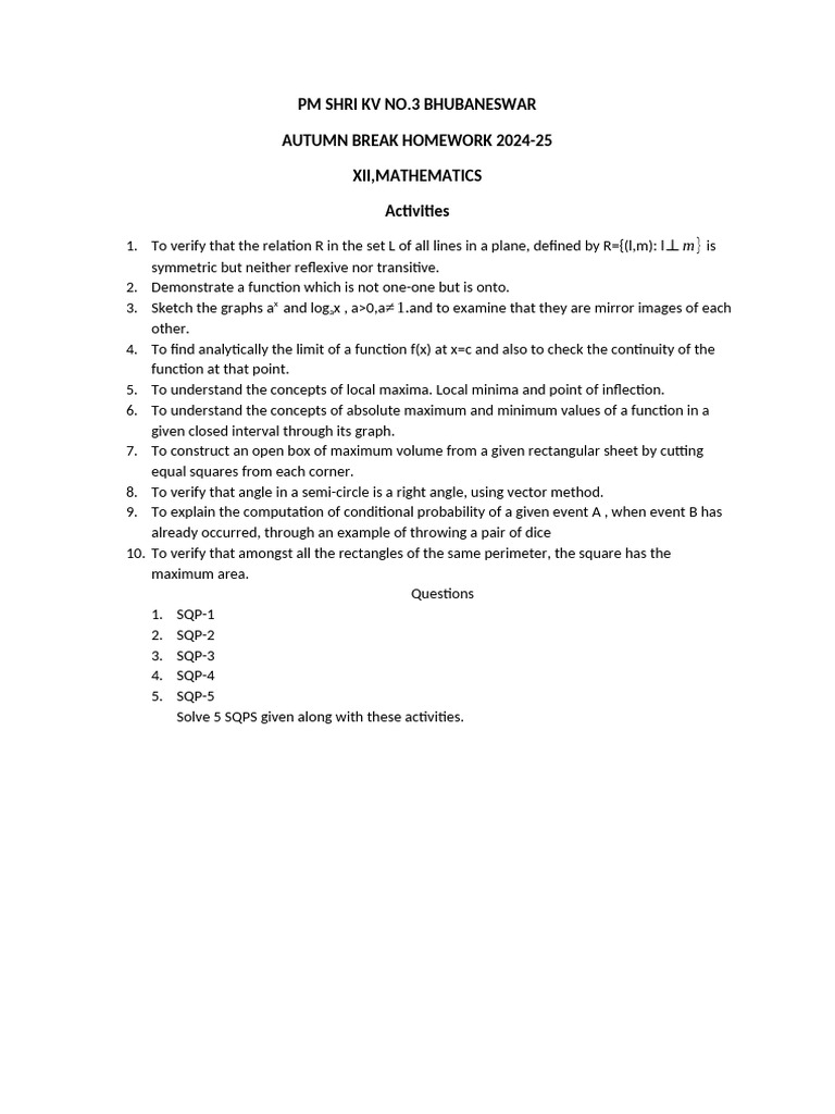 PM Shri KV No.3 Bhubaneswar Autumn Break Homework 2024-25 Xii ...