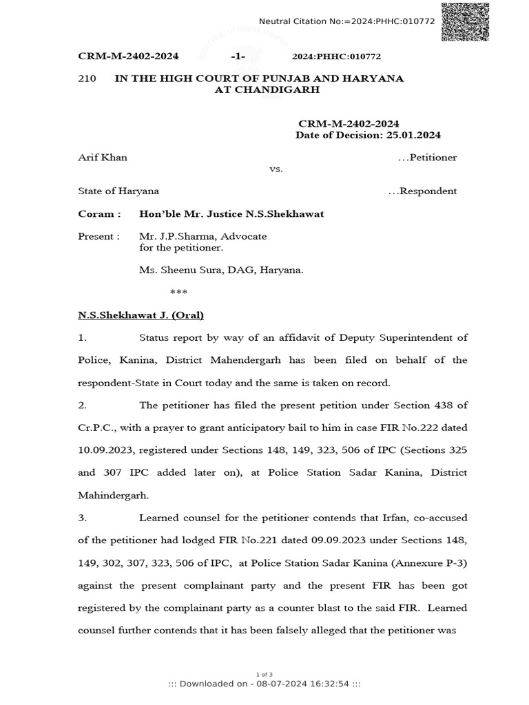 Anticipatory Bail Ruling in Haryana Case | PDF | Bail | Crimes