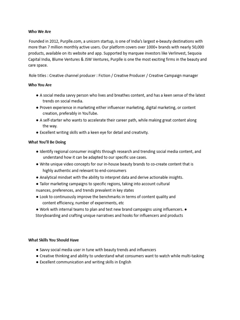 Creative Channel Producer Role at Purplle | PDF