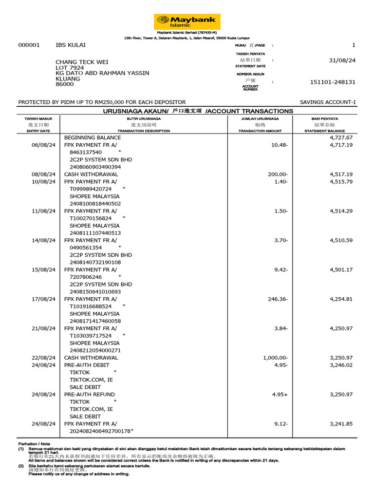 Account Transactions Statement Summary | PDF | Debits And Credits ...